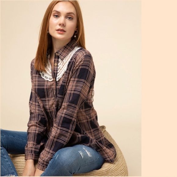 NEW Plaid Print Front Twist Button Up Top with Crochet Lace Details - Picture 3 of 4